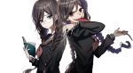  2girls back-to-back bangs black_shirt book braid brown_hair danganronpa danganronpa_1 dual_persona frown fukawa_touko genocider_shou glasses hand_up highres holding holding_book holding_scissors long_hair long_sleeves long_tongue looking_at_viewer mdr_(mdrmdr1003) mole mole_under_mouth multiple_girls neckerchief red_eyes rimless_eyewear round_eyewear sailor_collar school_uniform scissors serafuku shiny shiny_hair shirt simple_background symbol_commentary tongue tongue_out twin_braids upper_body upper_teeth white_background 
