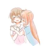  2girls closed_eyes cute_&amp;_girly_(idolmaster) hakuisei_aijou_isonshou hakuisei_ren&#039;ai_shoukougun hug kiss lowres multiple_girls orange_hair sawai_kaori shirt yuri 