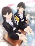  2girls :d ama_mitsuki ashiyu bangs black_hair breasts brown_eyes brown_hair business_suit coffee_cup commentary cup disposable_cup drinking_straw formal highres id_card juice_box long_hair low_twintails multiple_girls office_lady open_mouth original pencil_skirt revision sitting skirt smile soaking_feet steam suit teeth twintails water 