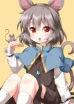  1girl animal_ears bangs blue_capelet capelet cheese dress eyebrows_visible_through_hair food grey_dress grey_hair hair_between_eyes highres holding holding_food jewelry long_sleeves looking_at_viewer medium_hair mouse mouse_ears mouse_on_hand mouse_tail nazrin open_mouth pendant red_eyes ruu_(tksymkw) simple_background sitting tail touhou v-shaped_eyebrows white_legwear white_sleeves yellow_background 