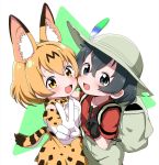  2girls :d animal_ear_fluff animal_ears backpack bag beige_headwear beige_shorts black_eyes black_gloves black_hair blonde_hair blush breasts collarbone commentary_request elbow_gloves flat_chest from_above gloves green_background hair_between_eyes hat highres kaban_(kemono_friends) kemono_friends looking_at_viewer medium_breasts multiple_girls nekonyan_(inaba31415) open_mouth orange_skirt red_shirt serval_(kemono_friends) serval_ears serval_print shirt short_hair simple_background skirt smile standing triangle two-tone_background upper_body v white_background white_shirt yellow_eyes yuri 