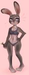  2020 anthro bra breasts cleavage clothed clothing disney female front_view full-length_portrait fur grey_body grey_fur hand_on_hip hi_res judy_hopps lagomorph leporid looking_aside mammal nipple_outline oufhentai panties portrait purple_eyes rabbit solo sports_bra standing underwear underwear_only zootopia 