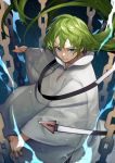  1other androgynous bangs blue_eyes chain dress electricity enkidu_(fate/strange_fake) fate/grand_order fate_(series) gown green_hair highres long_hair looking_at_viewer serious solo yoshio_(55level) 