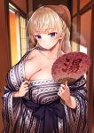  1girl bangs blonde_hair blue_eyes blush breasts fan highres holding holding_fan huge_breasts japanese_clothes kimono long_hair matsuryuu mayuri_mariani obi original paper_fan ponytail sash smile solo steam sweat upper_body yukata 