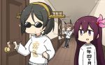  3girls alternate_costume black_hair black_pants brown_hair clothes_writing commentary_request dated door green-framed_eyewear green_eyes hair_ornament hairband hallway hamu_koutarou headgear highres kantai_collection kirishima_(kantai_collection) kisaragi_(kantai_collection) long_hair multiple_girls mutsu_(kantai_collection) pants purple_eyes purple_hair radio_antenna short_hair sunglasses sweater track_pants translation_request upper_body white_sweater 