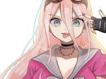  1girl bangs barbed_wire black_choker blonde_hair blue_eyes breasts choker commentary_request danganronpa fingerless_gloves gloves goggles goggles_on_head hair_between_eyes iruma_miu long_hair looking_at_viewer mdr_(mdrmdr1003) new_danganronpa_v3 open_mouth pink_nails pink_shirt school_uniform serafuku shirt smile solo tongue tongue_out upper_teeth 