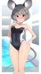 1girl :o absurdres animal_ears blush breasts collarbone commentary_request competition_swimsuit contrapposto eyebrows_visible_through_hair feet_out_of_frame furrowed_eyebrows grey_hair hand_on_hip hand_on_own_chest highres kachikachipiroo looking_at_viewer mouse_ears mouse_tail nazrin nose_blush one-piece_swimsuit open_mouth pool red_eyes short_hair small_breasts solo standing swimsuit tail touhou 