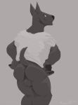  2020 5_fingers anthro balls biped bottomless butt canid canine canis clothed clothing digital_media_(artwork) domestic_dog fingers genitals grey_background greyscale koorivlf looking_at_viewer looking_back male mammal monochrome rear_view shirt simple_background smile smirk solo standing topwear 