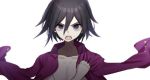  :d bangs black_hair commentary_request danganronpa hand_up jacket jacket_on_shoulders looking_at_viewer male_focus mdr_(mdrmdr1003) new_danganronpa_v3 no_shirt open_clothes open_mouth ouma_kokichi pink_jacket portrait purple_eyes purple_hair serious short_hair simple_background smile solo upper_teeth v-shaped_eyebrows white_background 