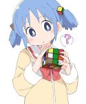  1girl ? blue_eyes blue_hair closed_mouth eyebrows_visible_through_hair ixy long_sleeves naganohara_mio nichijou rubik&#039;s_cube school_uniform short_hair simple_background solo twintails upper_body white_background 