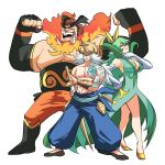 1girl 2boys animal_ears black_gloves breasts brown_hair cleavage dress elbow_gloves emboar fingerless_gloves flexing gen_5_pokemon gloves green_dress green_hair helmet highres holding holding_sword holding_weapon large_breasts long_hair looking_at_viewer looking_down multiple_boys multiple_girls muscle personification pokemon pokemon_(game) pokemon_bw pose red_eyes samurott serperior shirtless sword tina_fate very_long_hair weapon white_hair 