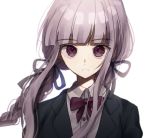  1girl bangs black_jacket blunt_bangs blurry bow braid closed_mouth collared_shirt commentary_request danganronpa danganronpa_1 eyebrows_visible_through_hair floating_hair hair_ribbon jacket kirigiri_kyouko long_hair looking_at_viewer mdr_(mdrmdr1003) portrait purple_eyes purple_hair ribbon shiny shiny_hair shirt simple_background solo twin_braids white_background white_shirt 