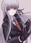  1girl adjusting_clothes adjusting_gloves akitsu_(davis0527dx) bangs black_gloves black_jacket black_ribbon blunt_bangs braid breasts closed_mouth commentary_request danganronpa danganronpa_1 formal gloves hair_ornament hair_ribbon jacket kirigiri_kyouko leather leather_gloves long_hair long_sleeves looking_at_viewer necktie purple_eyes purple_hair ribbon shirt side_braid simple_background single_braid skirt solo upper_body white_shirt 