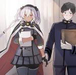  ! 1boy 1girl admiral_(kantai_collection) bangs black_gloves black_hair blue_eyes blush breasts cape commentary_request dark_skin dark_skinned_female eyebrows_visible_through_hair flying_sweatdrops glasses gloves hair_between_eyes headgear hetero holding holding_hands kantai_collection large_breasts long_hair low_twintails musashi_(kantai_collection) papers partially_fingerless_gloves pleated_skirt red_eyes remodel_(kantai_collection) skirt spoken_exclamation_mark sweat twintails white_gloves white_hair yunamaro 
