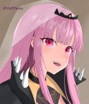  1girl artist_name bangs blunt_bangs brown_background close-up eyebrows_visible_through_hair hololive hololive_english light_blush looking_ahead mori_calliope nohaku open_mouth pink_hair red_eyes solo spikes tiara veil virtual_youtuber 