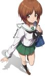  1girl absurdres brown_eyes brown_hair commentary_request full_body girls_und_panzer green_skirt highres looking_at_viewer nishizumi_miho ooarai_school_uniform school_uniform short_hair simple_background skirt standing takahan white_background 