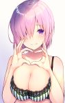  1girl bare_arms bare_shoulders blush bra breasts cleavage collarbone fate/grand_order fate_(series) gradient gradient_background green_bra hair_over_one_eye heart heart_hands highres lace-trimmed_bra lace_trim large_breasts looking_at_viewer mash_kyrielight parted_lips pink_hair purple_background purple_eyes short_hair smile solo striped underwear underwear_only upper_body uro vertical-striped_bra vertical_stripes 
