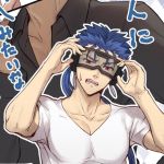  2boys archer blue_hair collarbone commentary_request cu_chulainn_(fate)_(all) dark_skin dark_skinned_male earrings fangs fate/stay_night fate_(series) goggles grey_shirt hands_up jewelry lancer long_hair looking_at_viewer male_focus mondi_hl multiple_boys open_mouth ponytail red_eyes shirt short_sleeves solo_focus t-shirt upper_body 