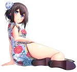  1girl :o arm_support ass bangs bare_legs black_footwear black_hair blue_dress blue_eyes breasts bun_cover china_dress chinese_clothes commentary_request double_bun dress eyebrows_visible_through_hair floral_print from_behind full_body high_heels idolmaster idolmaster_cinderella_girls leaning_to_the_side looking_at_viewer looking_back medium_breasts open_mouth pelvic_curtain print_dress sagisawa_fumika shoe_soles short_hair short_sleeves sitting solo yokozuwari yoyomura 