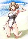  1girl absurdres beach breasts brown_eyes cleavage covered_navel full_body highres houston_(kantai_collection) kantai_collection kasuta.net kneeling large_breasts light_brown_hair looking_at_viewer multicolored multicolored_clothes multicolored_swimsuit short_hair smile solo swimsuit wavy_hair 