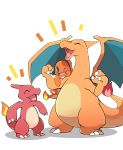  :d ^_^ azuma_minatsu blue_eyes charizard charmander charmeleon claws closed_eyes facing_another fangs fire full_body gen_1_pokemon grey_background happy highres looking_at_another no_humans one_eye_closed open_mouth pokemon pokemon_(creature) simple_background smile standing wings 