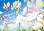  absurdres blue_eyes cloud commentary cutiefly day fang flying from_below gardevoir gen_3_pokemon gen_6_pokemon gen_7_pokemon gen_8_pokemon grass hatterene highres kisa_(kisa-kisa5900) leaves_in_wind mimikyu open_mouth outdoors pokemon pokemon_(creature) red_eyes ribombee sky smile standing sylveon tongue 