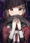  1girl bangs black_hair black_sailor_collar blunt_bangs blush brown_hair commentary_request covering_mouth danganronpa hair_ornament hair_over_mouth hair_scrunchie harukawa_maki holding holding_hair long_hair long_sleeves looking_at_viewer low_twintails mdr_(mdrmdr1003) mole mole_under_eye new_danganronpa_v3 red_eyes red_scrunchie red_shirt sailor_collar school_uniform scrunchie serafuku shirt skirt solo starry_background twintails upper_body 