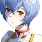  1girl albino ayanami_rei blue_hair blurry depth_of_field expressionless eyebrows_visible_through_hair hair_between_eyes highres looking_at_viewer neon_genesis_evangelion plugsuit red_eyes shaded_face short_hair solo upper_body white_background yoon 