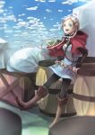  1girl ahoge bangs barrel blue_eyes boots braid breasts capelet cargo cloud cloudy_sky day fire_emblem fire_emblem_fates full_body hairband harness highres kedama_mosamosa long_hair looking_at_viewer medium_breasts nina_(fire_emblem) open_mouth outdoors sky twin_braids white_hair 