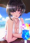  1girl bangs bare_shoulders beach black_hair blue_sky blurry blurry_background blurry_foreground blush bob_cut bracelet cocktail commentary_request cross cross_necklace crossed_arms depth_of_field dress earrings eyebrows_visible_through_hair idolmaster idolmaster_cinderella_girls jewelry koya_(koya_x_00) leaning_forward leaning_on_object looking_at_viewer necklace ocean parted_lips purple_eyes shirayuki_chiyo short_hair signature sky sleeveless sleeveless_dress solo sparkle white_dress 