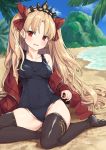  1girl artist_name bangs bare_shoulders beach black_legwear blonde_hair blue_swimsuit blush bow breasts collarbone commentary_request covered_navel day earrings ereshkigal_(fate/grand_order) fate_(series) groin hair_bow jacket jewelry long_hair looking_at_viewer medium_breasts mountain no_shoes ocean off_shoulder old_school_swimsuit one-piece_swimsuit open_mouth outdoors palm_tree parted_bangs red_bow red_eyes red_jacket school_swimsuit sitting sky solo swimsuit thighhighs tiara tree two_side_up tyone 