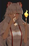  1girl bangs black_background blunt_bangs bow breasts cigarette collared_shirt eyebrows_visible_through_hair fire fujiwara_no_mokou hair_bow highres holding holding_cigarette long_hair looking_at_viewer medium_breasts one_eye_closed parted_lips pyrokinesis red_bow red_eyes shirt short_sleeves simple_background smoking solo suspenders touhou two-tone_bow umeko_81 upper_body very_long_hair white_bow white_hair white_shirt 