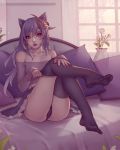  1girl bangs bare_shoulders black_legwear black_panties blurry blurry_background casual collarbone earrings flower frilled_skirt frills genshin_impact hair_ears hair_ornament indoors jewelry keqing lips looking_at_viewer off-shoulder_shirt off_shoulder panties pantyshot purple_eyes purple_hair shirt sitting skirt solo soranamae thighhighs twintails underwear vase window 