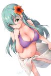  1girl artist_name awa_yume bare_arms bare_shoulders bikini blush breasts cleavage closed_mouth collarbone eyebrows_visible_through_hair feet_out_of_frame flower green_eyes green_hair hair_between_eyes hair_flower hair_ornament highres kantai_collection large_breasts long_hair navel purple_bikini red_flower sarong signature simple_background smile solo suzuya_(kantai_collection) swimsuit white_background white_sarong 