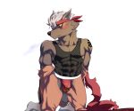  asian_clothing blush bulge canid canine canis clothing domestic_dog east_asian_clothing fishnet fundoshi japanese_clothing male mammal pt scarf solo tadatomo tokyo_afterschool_summoners underwear video_games 