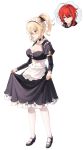  1boy 1girl alternate_costume apron blonde_hair blush breasts cleavage diluc_(genshin_impact) genshin_impact half-closed_eyes high_heels highres jean_gunnhildr large_breasts lifted_by_self long_sleeves maid maid_apron maid_headdress pantyhose ponytail puffy_sleeves red_eyes red_hair simple_background skirt skirt_lift solo_focus thought_bubble white_background white_legwear yumaomi 