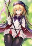  1girl artoria_pendragon_(all) artoria_pendragon_(caster) bangs belt beret black_legwear blonde_hair blue_belt blue_cape blue_headwear blush breasts cape double-breasted fate/grand_order fate_(series) gloves green_eyes harimoji hat holding holding_staff long_hair long_sleeves looking_at_viewer multicolored multicolored_cape multicolored_clothes o-ring_belt petals small_breasts smile staff striped_belt thighs 