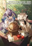  2girls adjusting_eyewear anchor_hair_ornament apple bike_shorts black_gloves blowhole blue_eyes blue_hair blue_whale_(kemono_friends) book chalkboard commentary_request dorsal_fin eyebrows_visible_through_hair food fruit globe gloves grey_hair hair_ornament kemono_friends kemono_friends_3 long_hair meerkat_(kemono_friends) meerkat_ears meerkat_tail multicolored_hair multiple_girls official_art one_eye_closed orange_eyes sakanahen short_hair sweater translation_request turtleneck turtleneck_sweater whale_tail_(animal_tail) white_hair white_sweater 