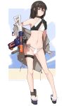  1girl absurdres ankle_strap bangs bikini black_choker black_eyes black_hair breasts choker closed_mouth commentary english_commentary eyebrows_visible_through_hair facial_tattoo full_body grey_jacket gun hashtag highres holding holding_gun holding_weapon jacket light_frown long_hair long_sleeves looking_at_viewer multi-strapped_bikini navel no_pants off_shoulder open_clothes open_jacket original outside_border single_strap sleeves_past_wrists small_breasts solo standing string_bikini swimsuit tattoo thigh_strap trigger_discipline vectorek weapon white_bikini 