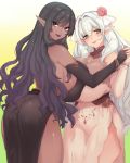  2girls ariesuzu_(ariessz) ass bare_shoulders black_hair breast_press breasts commentary_request elf gradient gradient_background green_background highres holding_hands huge_breasts long_hair looking_at_viewer looking_back multiple_girls original pointy_ears symmetrical_docking thick_thighs thighs very_long_hair white_hair yellow_background 