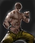  1boy abs biceps bracelet brown_hair fighting_stance grey_background jewelry kasei_yukimitsu large_hands male_focus marshall_law muscle pants scratches shirtless simple_background solo standing studded_bracelet tekken tekken_7 yellow_pants 