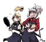  2girls apron batter black_neckwear blonde_hair blush_stickers bow bowtie charlie_magne colored_pencil_(medium) commentary cooking crossover demon_girl demon_horns demon_tail english_commentary english_text flipping_food food frying_pan grey_hair hazbin_hotel helltaker highres horns lucifer_(helltaker) milldoghoo mixing_bowl mole mole_under_eye motion_lines multiple_girls pale_skin pancake red_shirt shirt simple_background sweat tail traditional_media trait_connection whisk white_background white_hair white_shirt 