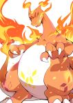 azuma_minatsu charizard commentary_request fire full_body gen_1_pokemon gigantamax gigantamax_charizard highres looking_at_viewer no_humans open_mouth pokemon pokemon_(creature) red_sclera simple_background solo standing white_background yellow_eyes 