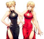  1girl alpha_signature bangs black_dress blonde_hair breasts china_dress chinese_clothes cleavage cleavage_cutout clone closed_mouth clothing_cutout collared_dress commentary_request crossed_arms dress eye_contact eyebrows_visible_through_hair facing_viewer genderswap genderswap_(mtf) hair_between_eyes hair_ornament hands_on_hips holding izumi_kouhei large_breasts long_hair looking_at_another parted_lips pepper_fever red_dress sidelocks signature simple_background sleeveless sleeveless_dress smile standing white_background world_trigger yellow_eyes 