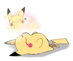  :3 azuma_minatsu blood blush closed_eyes closed_mouth commentary_request facing_viewer from_side full_body gen_1_pokemon grey_background lying multiple_views no_humans nosebleed on_back pikachu pokemon pokemon_(creature) simple_background sparkle thumbs_up translation_request 