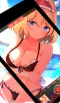  1girl alice_margatroid beach bikini blonde_hair blue_eyes breasts camera_phone highres hunya large_breasts looking_at_viewer navel phone_screen photography short_hair swimsuit touhou upset 