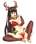  1girl antlers bangs bell black_hair black_legwear blunt_bangs blush breasts brown_eyes candy candy_cane capelet christmas_ornaments commentary crop_top detached_sleeves english_commentary fire_emblem food full_body fur-trimmed_capelet fur-trimmed_legwear fur_trim large_breasts long_hair looking_at_viewer navel neck_bell panty_straps red_capelet rtil sexually_suggestive simple_background sitting solo spread_legs tharja_(fire_emblem) thighhighs tongue tongue_out uncensored very_long_hair white_background 
