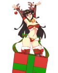  1girl :d \o/ antlers armpits arms_up bangs black_hair black_legwear blunt_bangs blush bouncing_breasts box breasts christmas_ornaments commentary detached_sleeves english_commentary fire_emblem fur-trimmed_legwear fur_trim gift gift_box in_box in_container large_breasts long_hair looking_at_viewer navel neck_bell open_mouth outstretched_arms rtil simple_background smile solo stomach tharja_(fire_emblem) thighhighs very_long_hair white_background 