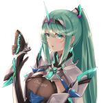  1girl bangs breasts bug butterfly butterfly_on_hand chest_jewel earrings gloves green_eyes green_hair highres insect jewelry large_breasts long_hair long_ponytail pneuma_(xenoblade) ponytail sarasadou_dan solo swept_bangs tiara upper_body xenoblade_chronicles_(series) xenoblade_chronicles_2 