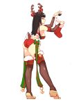  1girl antlers ass bangs bare_shoulders black_hair black_legwear blunt_bangs breasts christmas_ornaments christmas_stocking coal commentary deer_tail detached_sleeves english_commentary fire_emblem from_side full_body fur-trimmed_legwear fur_trim long_hair looking_at_viewer medium_breasts rtil simple_background smile solo tail tharja_(fire_emblem) thighhighs tiptoes white_background 